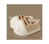 (40-41,khaki)Winter Cute Cat Paw Designer House Women Fur Slippers Floor Mute Bedroom Lovers Warm Plush Shoes Indoor Fluffy Slides