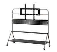 40-75 Pouces Support Television sur Pied Roulette Support pour Écran en Acier Inoxydable avec Panneau Perforé et Étagères Doubles en Bois Massif pour Salon, Bureau, École(Black)