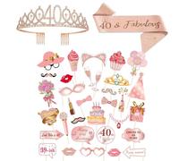 40 Ans Couronne et Echarpe et Photobooth Selfie Props Kit Or Rose 40 Birthday Fournitures Cristal de Tiare DIY Photo Booth Accessoires Decoration Cadeau pour Fêtes d'anniversaire Femme Fille