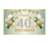 40 Ans Deco Anniversaire Vert Sauge Or,Banderole Joyeux Anniversaire, Toile de fond Happy Birthday1.1 x 1.8m+2 Guirlande Drapeaux De Triangle, pour Une Fête Murale Extérieure à La Maison
