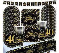 40 Ans Vaisselle Anniversaire Noir Or, Femme Homme Vaisselle de Fête 40 Ans avec Carton Assiettes, Serviette Papier, Gobelet, Nappe, Bannière, Decor Fête Anniversaire Adultes (16 Invités)
