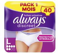 Always Discreet, 40 Culottes Incontinence Femme, Normal 5 Gouttes, Sous-Vêtements Taille L, Blanc, Protection Très Absorbante pour Fuites Urinaires Importantes ou post accouchement, Pack 1 Mois