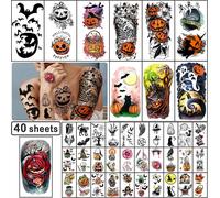 40 Feuilles Halloween Tatouages Temporaires Citrouille Sorcière Sucre Crâne Tatouage Ensemble Tats Pour Femmes Hommes, Halloween Zombie Maquillage Kit, Cicatrice Tatouages Imperméables[Z3277]