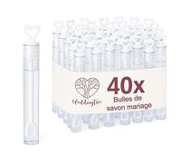 40 Flacons à Bulle de Savon pour Mariage - Avec Tige en Forme de Coeur - Très mignon pour un Mariage, Baptême, Anniversaire, Noces d'or, Fiançailles, Saint Valentin, Fête - Blanc
