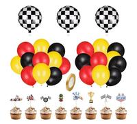 40 Pcs Déco Anniversaire Voiture de Course, Ballons et Décoration Gâteau | Décoration cupcakes voitures, ballons course, ballons aluminium damier noir-blanc, pour fête anniversaire thème voitures