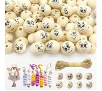 40 Pièces Perles en Bois avec Visage Boules en Bois Naturel avec Visage Sourire 5m Corde de Jute pour Macramé Décoration Créative