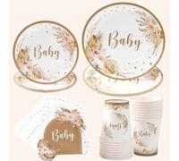 40 pièces - Set de vaisselle de fête de baby shower bohème incluant assiettes et serviettes. Fournitures de table de fête pour baby shower avec arc-en-ciel, herbe de pampas et fleurs bohèmes, pour fêt