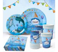 40 pièces/Set Ensemble de vaisselle jetable thème requin marin, décorations de fête d'anniversaire sous-marin monde bleu requin, cadeau d'anniversaire, vaisselle jetable pour fête de piscine d'été, pl