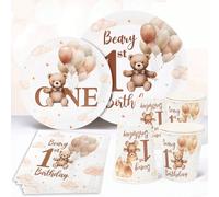 40 pièces/set Thème d'ours brun Bébé 1er anniversaire Ensemble de vaisselle de fête, Fournitures de décoration pour fête d'anniversaire d'un an, Vaisselle jetable pour baby shower, Assiettes, serviett