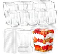 40 Pièces Tasses à Dessert, Gobelets à Dessert en Plastique, 160ml/5oz Verres à Dessert Réutilisables avec Cuillères et Couvercle, Coupes Gobelets Carrée pour Pudding, Crème glacée, Dessert, Mousse