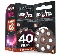 40 Piles Auditives 312 Udivita Marron Zinc-Air avec Technologie Phono Pulse