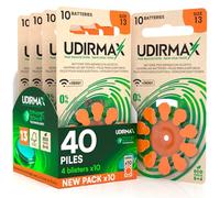40 Piles Auditives Taille 13 Udirmax PR48 Orange Zinc-Air Eco Pack - 4 Blisters Écologiques de 10 Piles