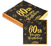 40 Serviettes Décoratives D'anniversaire pour 60 Ans Happy Birthday Decoration; Table Papier, Napkins (Or Noir) Vaisselle de Fête pour Anniversaire Adulte/Homme, Femme, Décorations de Fête (60th)