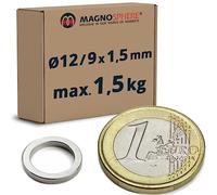 40 x Aimant, Anneau magnétique Ø 12/9 x 1,5 mm Néodyme N45 (NdFeB) níquel - Force d'adhérence 1,5kg - 40 pièces - Aimants permanents puissants en Forme d'anneau de Terres Rares
