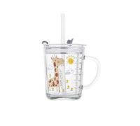 400 ml Tasse à boire Verre, Tasse à petit-déjeuner, Tasse à lait, Comprend une paille et une brosse à paille, avec un couvercle pour plusieurs options de boisson (Girafe jaune)