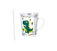400 ml Tasse à boire Verre, Tasse à petit-déjeuner, Tasse à lait, Comprend une paille et une brosse à paille, avec un couvercle pour plusieurs options de boisson (Dinosaure vert B)