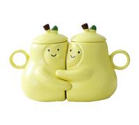 400 ml - Tasse assortie en céramique en forme de poire - Tasse mignonne et amusante pour bureau, maison, restaurant, café, salon de thé - Paire de tasses - 2 tasses, 2 couvercles, 1 boîte de couleur