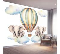 400 x 280 cm Papier Peint intissé Gris Dessin Animé Animaux Éléphant Montgolfière Papier Peint Panoramique Moderne, Mural Photo pour Salon, Chambre, Décor Fond TV