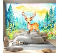 400 x 280 cm Papier Peint Panoramique Dessin Animé Cerf Pins Fleurs Motifs, Vert Marron Papier Peint Intissé Murale Chambre D'Enfant Salon Chambre Bureau Maison Décoration Intérieure