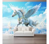 400 x 280 cm Papier Peint Panoramique Fantaisie Animaux Licornes Nuages Motifs, Blanc Bleu Papier Peint Intissé Murale Chambre D'Enfant Salon Chambre Bureau Maison Décoration Intérieure