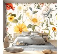 400 x 280 cm Papier Peint Panoramique Rétro Floral Campagne Plantes Motifs, Crème Jaune Papier Peint Intissé Murale Chambre D'Enfant Salon Chambre Bureau Maison Décoration Intérieure