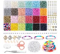 4000+ perles pour bracelet, 4mm perle de rocaille couleurs kit, 300 perles Lettres avec cordon élastique et ciseaux pour Adulte Enfant Noël anniversaire création de bijoux bracelets collier