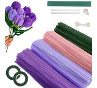 400PCS Pipe Cleaners Violet Chenille, Cure Pipe pour Fleurs Tulipes, avec 20 Tiges Artificielles, 2 Rouleaux Ruban Fleuriste & Étamines Fournitures DIY pour Bouquets et Décoration (Violet)
