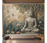 400x280cm Papier Peint soie Style rétro vieilli pour Cuisines Chambre | Geant Mural Papier Peint Photo Panoramique Statue de Bouddha, lotus, arbre de la Bodhi pour Salon Chambre à Coucher Bureau
