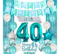 40e anniversaire décorations pour femmes fille turquoise - joyeux anniversaire anniversaire bannière numéro 40 gâteau bannière feuille ballons pour 40e anniversaire décoration turquoise