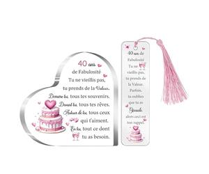 40ème Anniversaire Cadeau 40 ans Femmes Plaque Acrylique Marque-pages Ensemble de 2 Pièces Cœur Panneaux de Bureau Signet Maman Amies Personnalisé Joyeux Quarantième Mamie Tante Marraine
