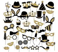 40Pcs Accessoires De Selfie De Bal, Accessoires De Photo De Fête d'anniversaire, Accessoires De Photo Noir Et Or pour Adultes Enfants Fête De Mariage