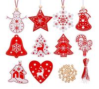 40pcs Décorations Noël Sapin Pendentifs en Bois Ornements d'arbre de Noël 10 Style avec Corde Embellissement Créatif pour Merry Christmas DIY Fête - Rouge et Blanc