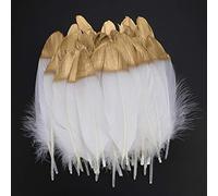 40pcs Plumes blanches naturelles avec une pointe trempée dans l'or, plumes d'oie de l'artisanat pour Christmas, Fete Mariage décoration de boucles d'oreilles, capteurs de rêves bricolage,Chapeaux