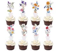 40pcs Topper Cupcake Fleurs Sauvages, 8 Designs Décorations Anniversaire Fleurs Double Face Pics Cupcake Floraux Baby Shower pour Filles Femmes Été Printemps Mariage Fête Thé