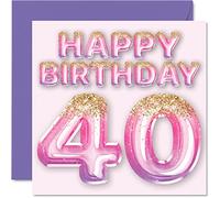 40th Birthday Card for Women - Pink & Purple Glitter Balloons - Happy Birthday Cards for 40 Year Old Woman Mum Cousin Friend Sister Auntie, 145mm x 145mm Forty Fortieth Bday Greeting Cards Gift