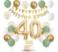 40th Birthday Decorations for Women Men, Banner with Cake Topper Number 18 Foil Balloon Sage Green White Gold Balloons for 18th Years Old Birthday Party Decoration