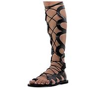 41 noir Emmanuela Sandales en cuir à haut genou dans un style grec ancien, sandales de gladiateur plat à la main avec orteils ouverts, chaussures d'été de haute qualité pour attacher les femmes