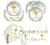 41 pièces vaisselle jetable baptême communion confirmation assiettes en carton God Bless avec serviettes et nappe décorative set de table de fête chrétienne pour fille garçon thème croix dorée table
