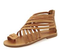 42 Beige Emmanuela Sandales en cuir Gladiator avec fermeture à glissière, chaussures d'été à la main grecque de haute qualité, sandales plates à anneau de pointe, sandales boho chics