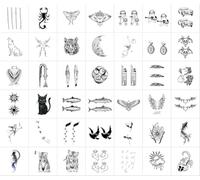 42 feuilles Autocollants Tatouage Pour Femmes Imperméables Représentant Un Tigre, Un Poisson, Un Chat, Une Étoile Solaire, Une Succube Et Un Soleil, Avec Des Lignes Noires Et Blanches.