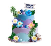 42 pcs Décorations pour Gâteaux Hawaïennes - Accessoires Décoration Gâteau Anniversaire Tropical avec Fleurs, Feuilles, Palmiers et Cake Topper « Happy Aloha » - Déco Été, Plage, ou Fête Thème Hawaï