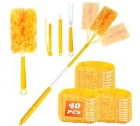 42 Pièces Plumeau Poussiere Recharges Compatible Swiffer Duster, Plumeau Jetable avec 1 Manche Télescopique et 1 Manches Courts, pour Nettoyer Les Poils d'animaux, La Poussière et La Saleté(Jaune)