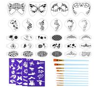 42 Pièces Pochoir Maquillage Enfant Adulte, avec 4 autocollants 10 pinceaux de peinture Templates de peinture de tatouage en plastique pour les enfants Maquillage de fête d'Halloween