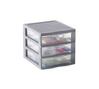 SUNDIS Orgamix, petite tour de rangement en plastique gris, 3 tiroirs transparents format A6, hauteur 17 cm, superposable, idéale rangement cosmétiques, bijoux, accessoires, fournitures