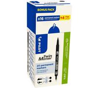 Pilot Pen – Marqueur permanent Twin Marker – double pointe fine/extra-fine, noir – Lot de 20