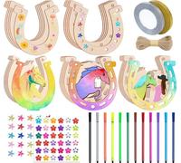 42pcs Fers à Cheval en Bois Décoration - 25 Tranches Naturelles 4 Types + Corde de Chanvre + 2 Strass Autocollants + 12 Crayons d'Aquarelle + 2 Rubans - DIY Deco Anniversaire