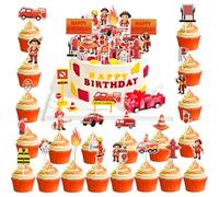 42Pcs Happy Birthday Décoration de Gâteau de Pompier en Carton, Pompier Cupcake Toppers de Joyeux Anniversaire, Décoration de Muffins de Pompier Camion pour Fête Enfants Garçons