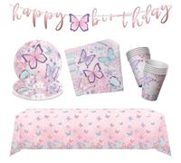 42Pcs Papillon Vaisselle de Fête d'anniversaire, Ensemble Vaisselle Party Supplie, Assiettes Gobelet Serviettes Paille Bannière, Vaisselle Fête Papillon pour Anniversaire