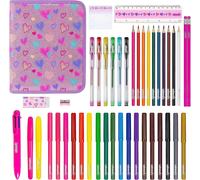 44 Glitter Pencils Set - Stationery Set For Girls Includes: Pencil Case, Felt-Tip Pens, Colored Pencils, Gel Pens, Stationery Set For Girls - Back To School, Yellow, Red, Pink, Purple, 44 Piece