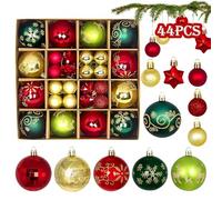 44 Pcs Boules de Noël Rouge Vert Or Set - Ø6/4.3/3cm Boules de Décoration Avec Crochet - Pendentifs en Plastique pour Arbre de Noël, Fête et Cadeaux